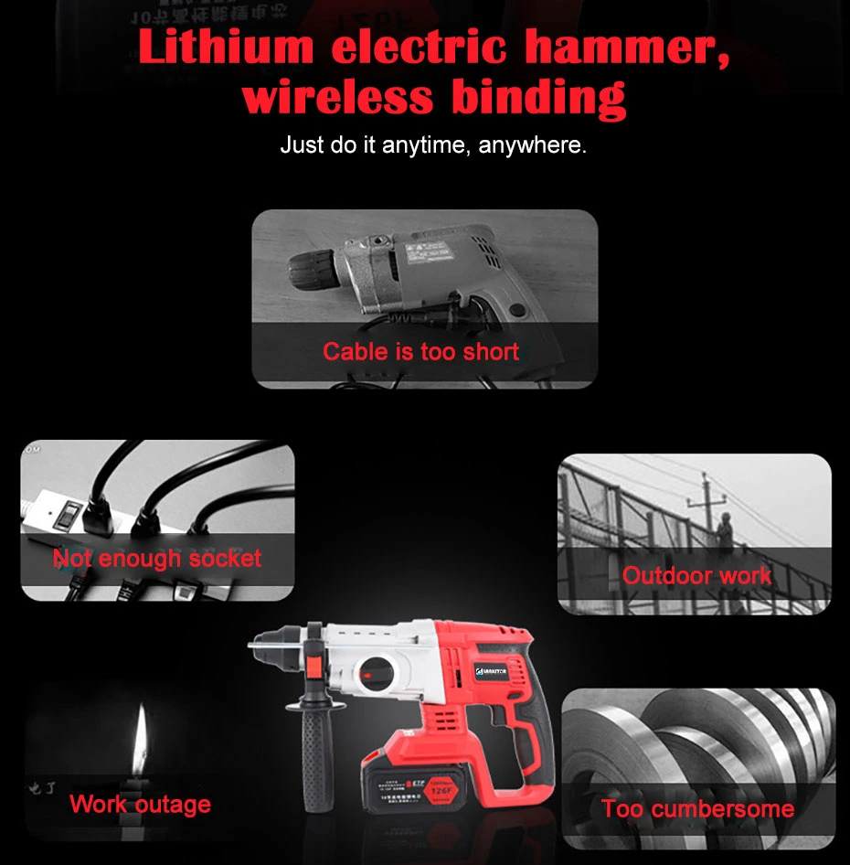 Electric Drill 3 Function 21V Cordless Lithium Battery High Power Brushless Electric Hammer Drill
