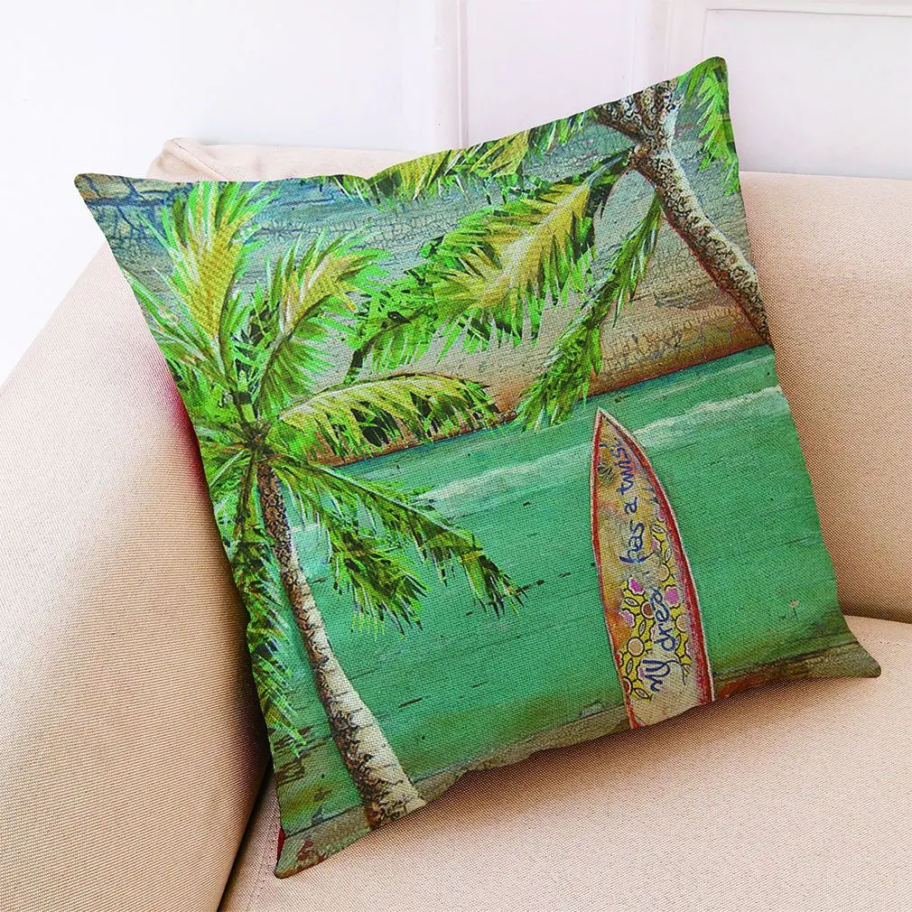 Summer Beach Oil Painting Effect Throw Pillowcase Linen Cushion Cover