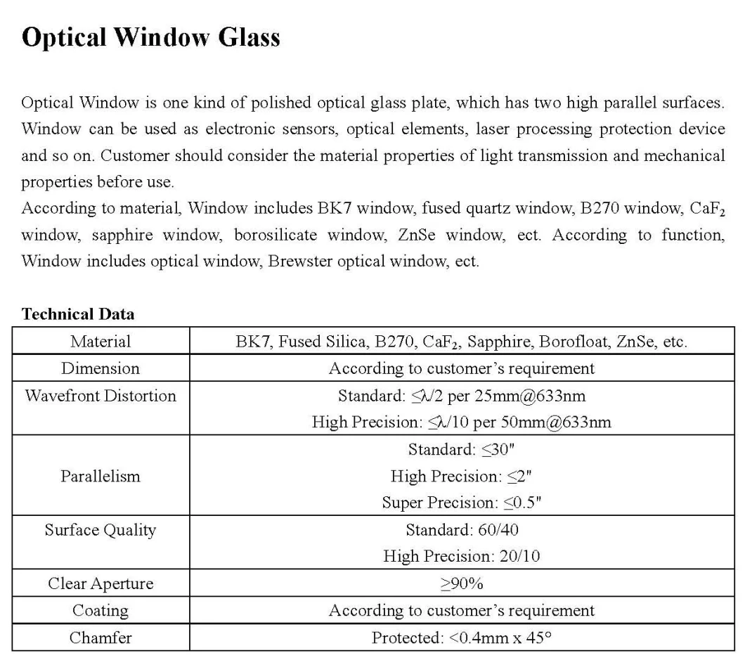 Optical Glass Lens/Optical Glass Disc/Optical Glass Wafer/Optical Window Glass/Optical Glass Window