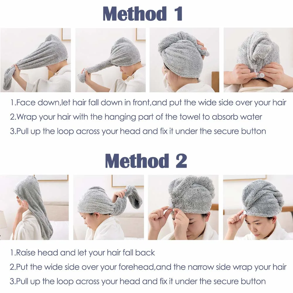 Organic Bamboo Fiber Hair Towel Wrap, Quick Drying Hair Turban Wrap with Button, Ultra-Soft Drying Hair Towels, Quick Magic Dryer Caps, Dryer Hair Hat
