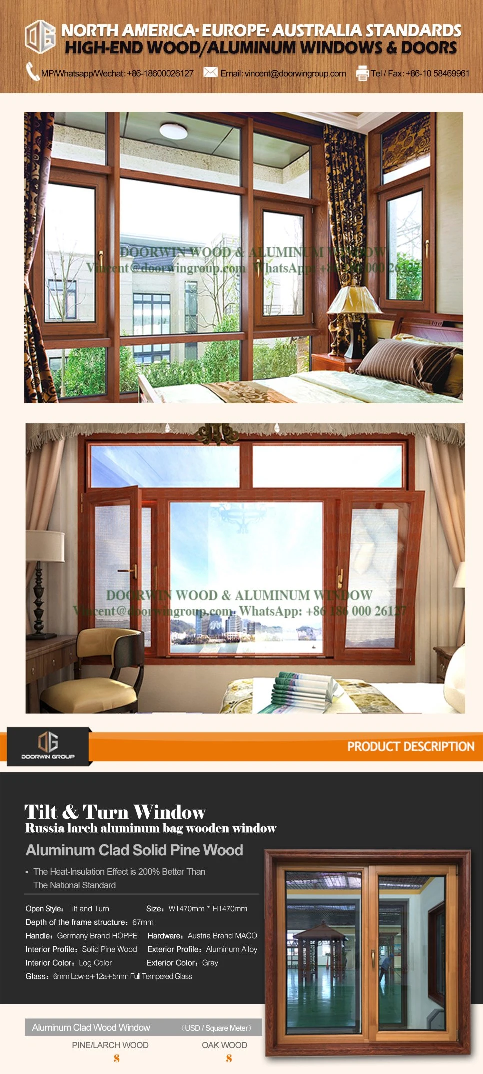 Russia Larch Aluminum Bag Wooden Window, Aluminum Clad Solid Pine Wood Tilt & Turn Window Casement Window