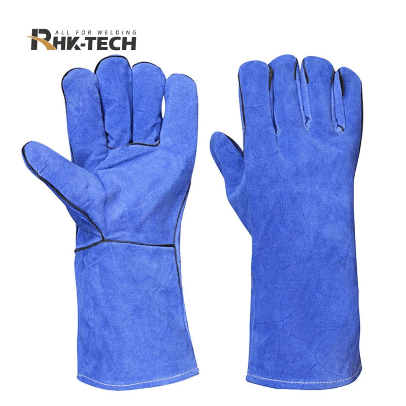 Hot Selling Labour Protective 14 Inch Cow Split Leather Heat Resistant Protective Blue Welding Gloves