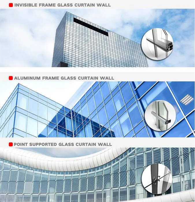 Moden Architecture Exterior Facade Reflective Toughened Glass Curtain Wall Storefront/Unitized/Invisible Frame/Structure Aluminum Glass Curtain Wall