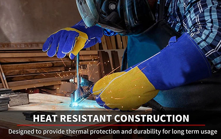 Labour Protective Cow Split Leather Heat Resistant Protective Blue Welding Gloves