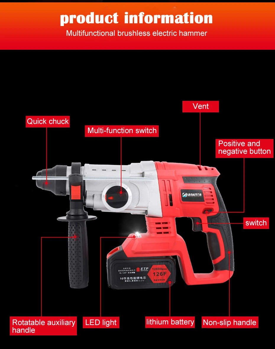 Electric Drill 3 Function 21V Cordless Lithium Battery High Power Brushless Electric Hammer Drill