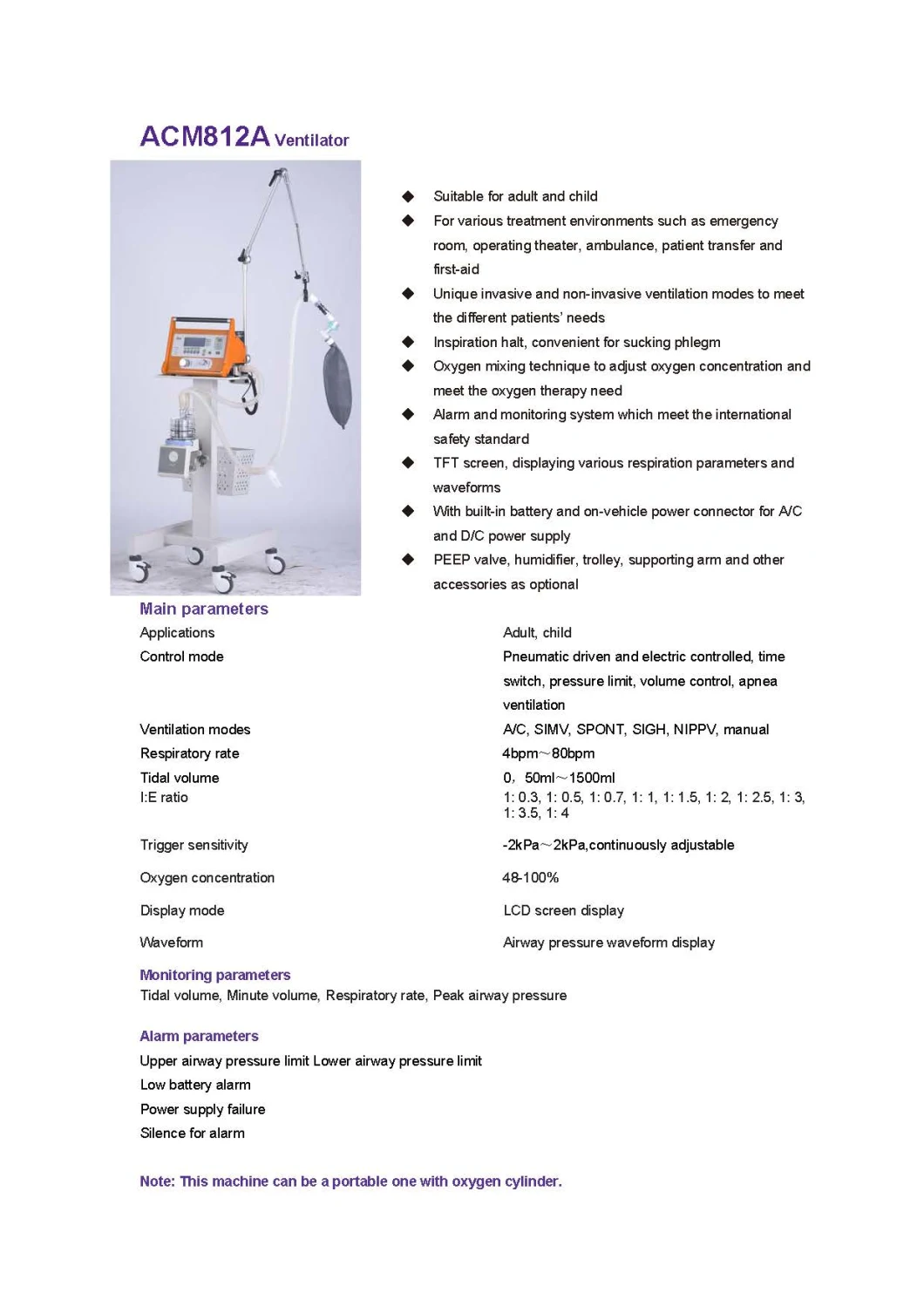 Acm812A Invasive Mechanical Ventilation for Adult and Child Yh-830 Yh-730 Medical Breathing Apparatus for Hospital ICU in Stock