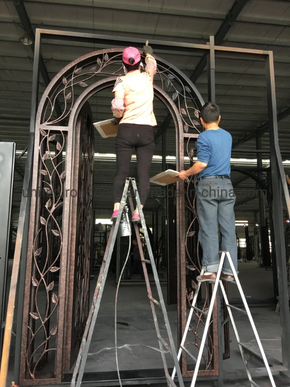 Arch Top Bronze Finish Wrought Iron Entry Door with Tempered Glass Window