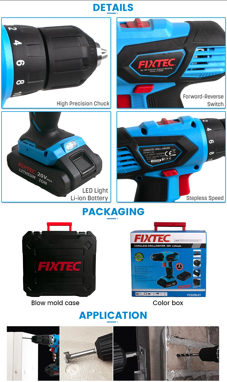 Fixtec Power Tools Drill 20V 2X2000mAh Li-ion Battery Impact Electric Cordless Drill