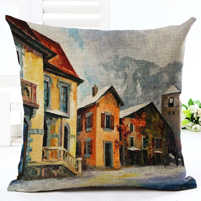 Township Streetscape Bridge Oil Painting Linen Pillowcase Living Room Sofa Cushion Cover