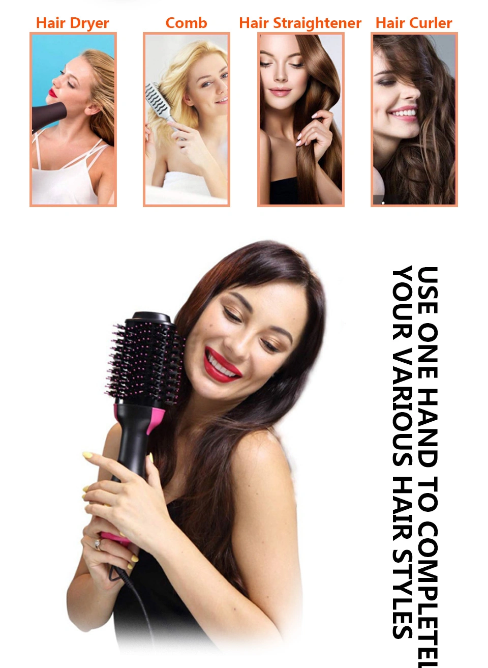 High Quality Hot Air Brush 4-in-1 Salon Negative Lon Styling Hair Dryer Brush Ceramic Electric Blow Dryer Curler Straightener One Step Hair Dryer & Volumizer