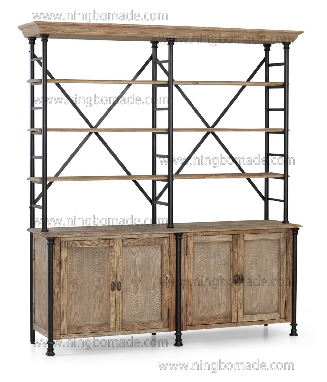 Antique Vintage Industrial Furniture Natural Reclaimed Pine Wood and Antique Iron Double Bookcase