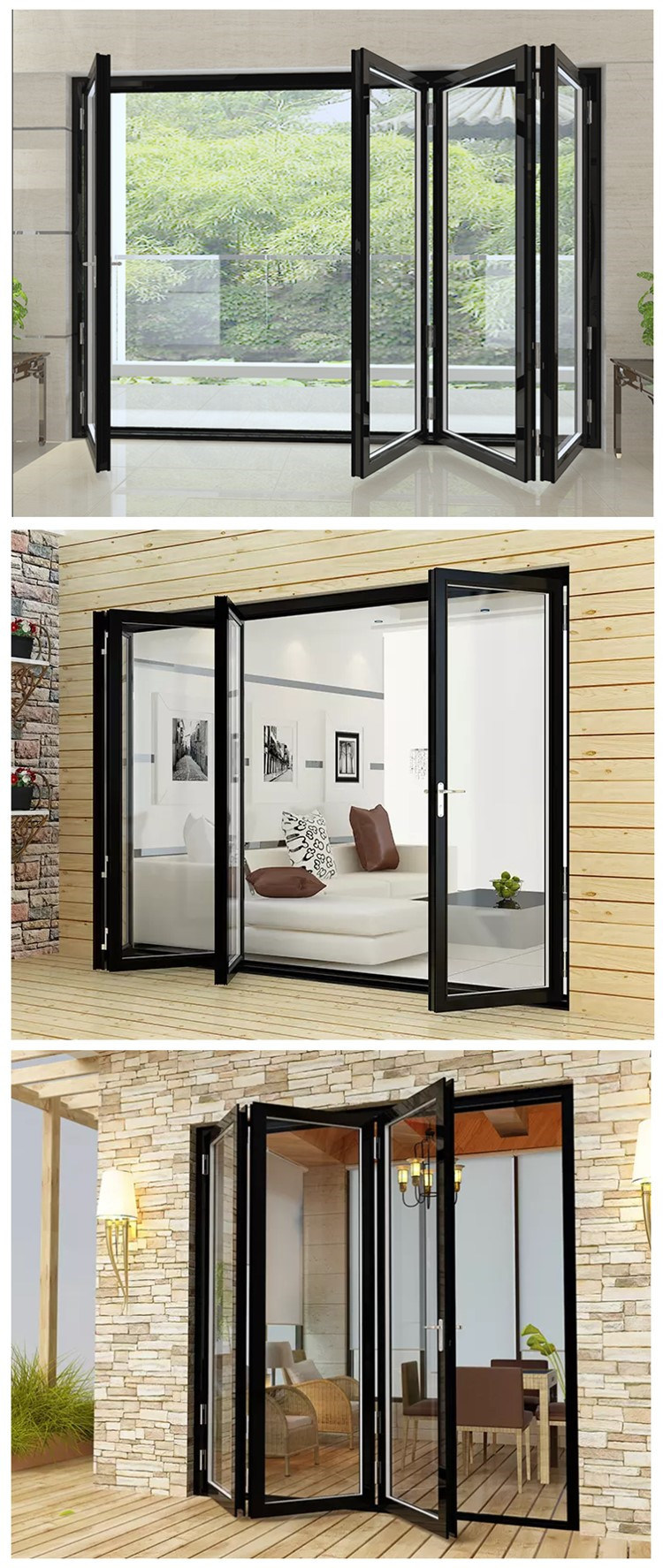 China House Balcony Lightweight Fiberglass Interior Design Accordion Aluminium Glass Sliding Bifold French Doors Folding Doors