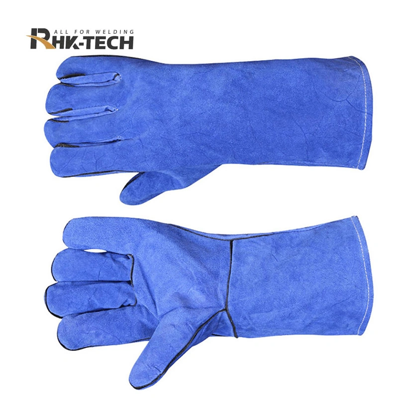 Rhk Tech Labour Protective 14 Inch Cow Split Leather Heat Resistant Protective Blue Welding Gloves