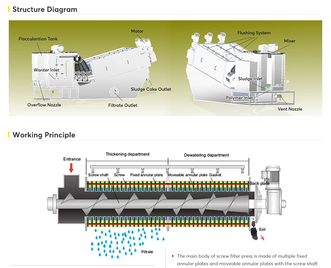 50 Cum Sewage Water Dairy Wastewater Treatment System Volute Type Sludge Screw Filter Press Plant