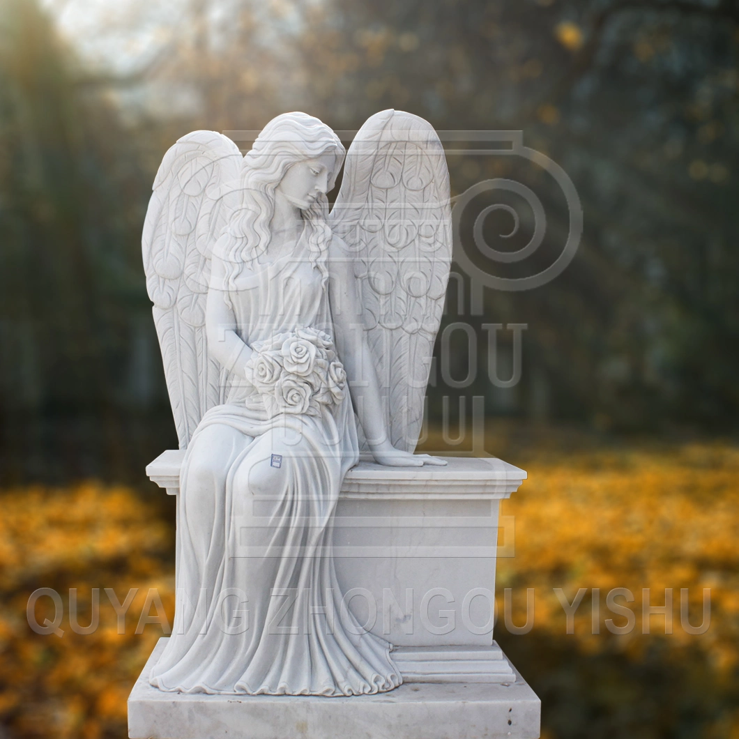Garden Decoration Monument White Marble Stone Beautiful Angel Statue Sculpture