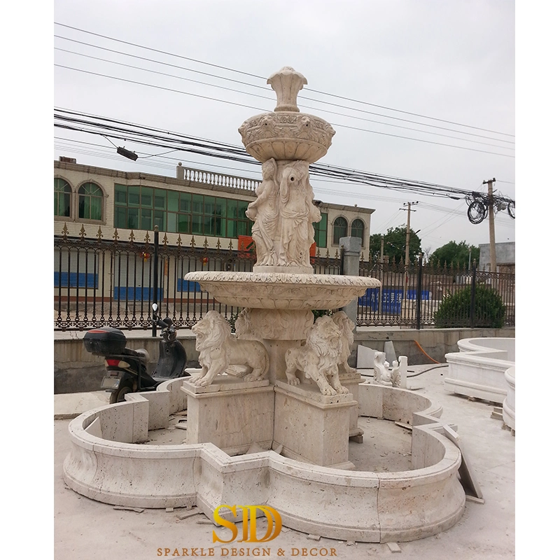 Outdoor Garden Use Hand Carved Large Beige Travertine Garden Fountain with Lion/Lady Statues