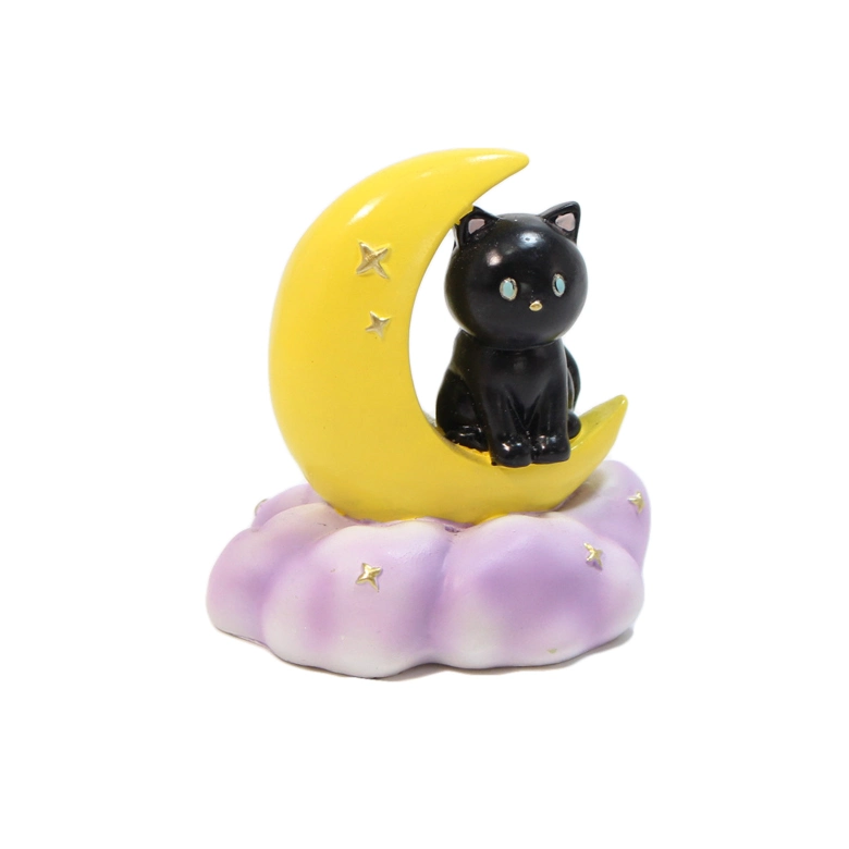Lovely Polyresin Statue of Black Cat Figurine Sitting on The Moon for Home Decoration
