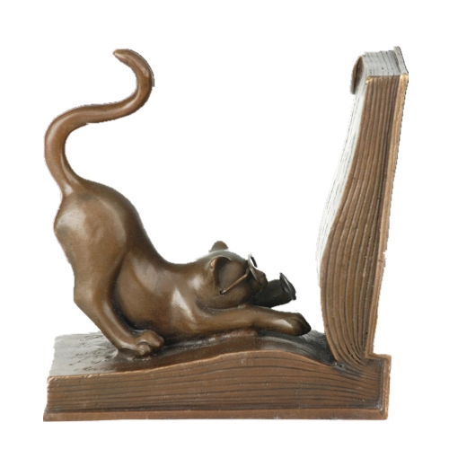 Bronze Statues Cat Bookshelf Right Side Home Decoration Animal Sculptures