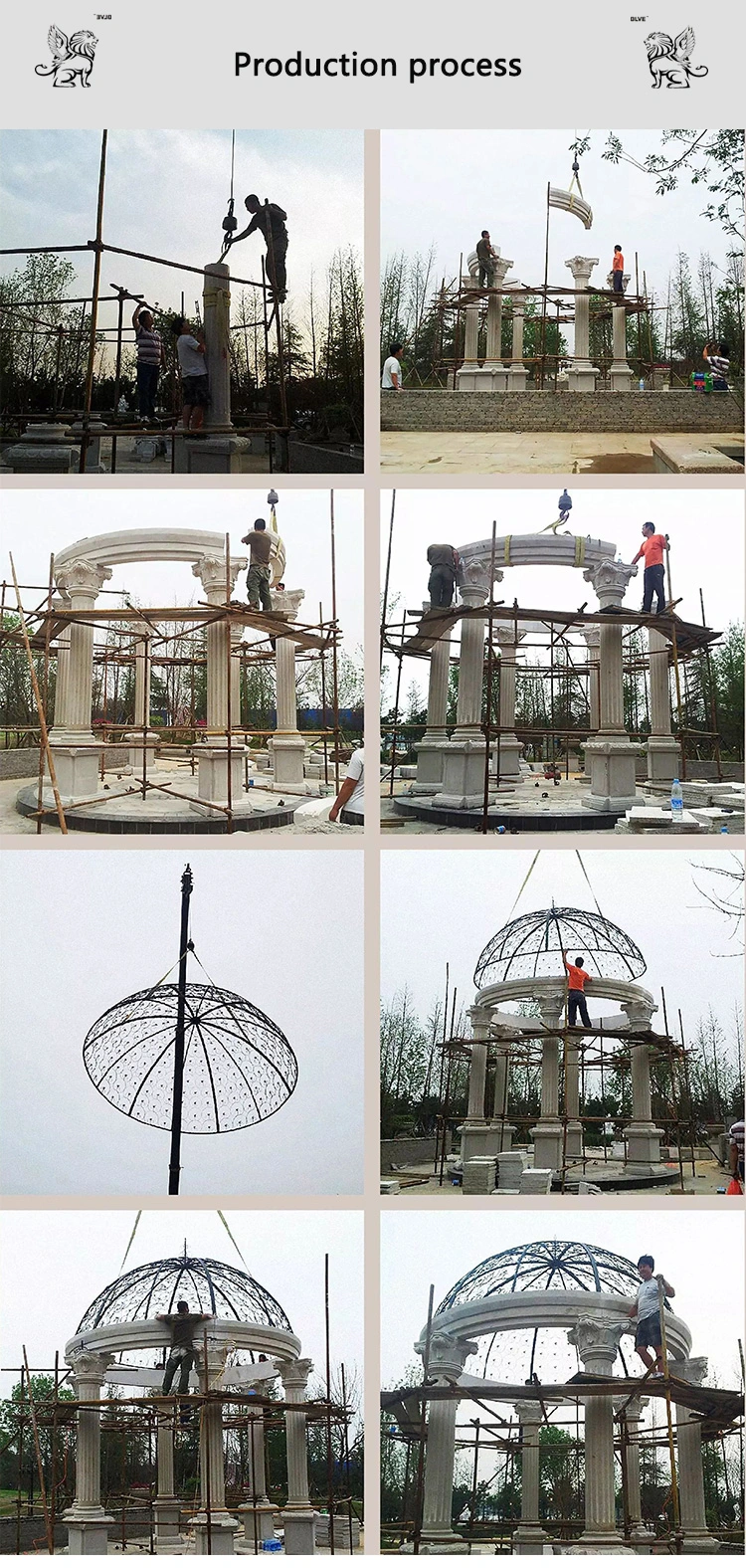 Outdoor Decorative Iron Dome Roman Pavilion Statues Large Outdoor Stone Carving Marble Garden Gazebo for Sale