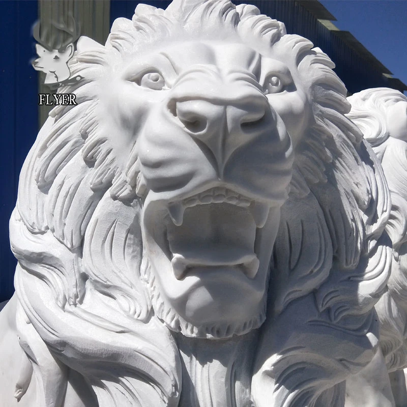 Outdoor Decoration Life Size Hand Carving Solid White Marble Lion Statues