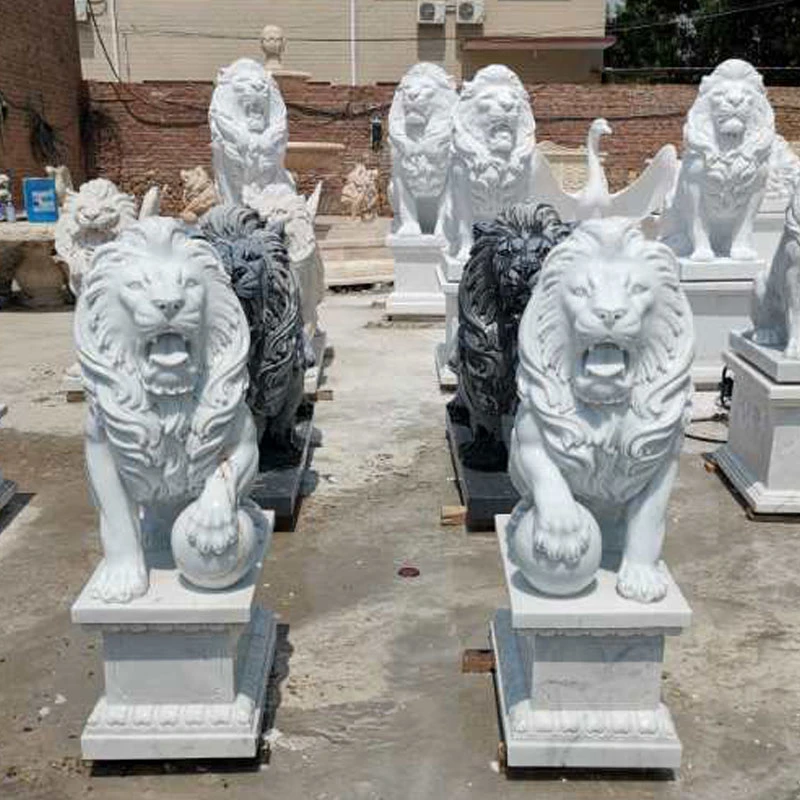 Outdoor Decoration Life Size Hand Carving Solid White Marble Lion Statues