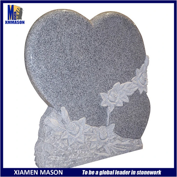 Double Heart Shape White Granite Memorial Stone with Engraving Rose Flower
