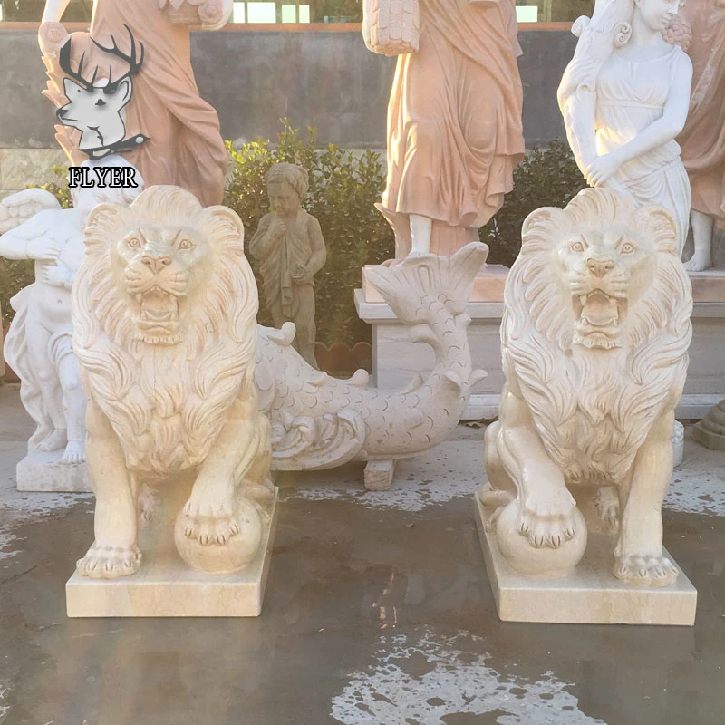 Custom Garden Decoration Life Size Sunset Red Marble Lion Statues