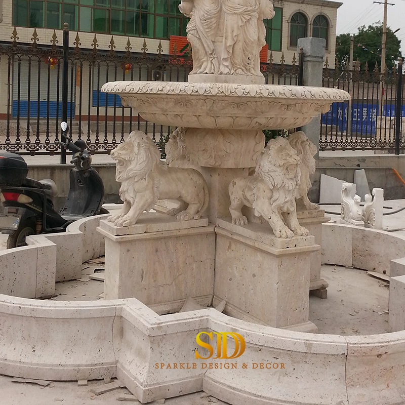 Outdoor Garden Use Hand Carved Large Beige Travertine Garden Fountain with Lion/Lady Statues