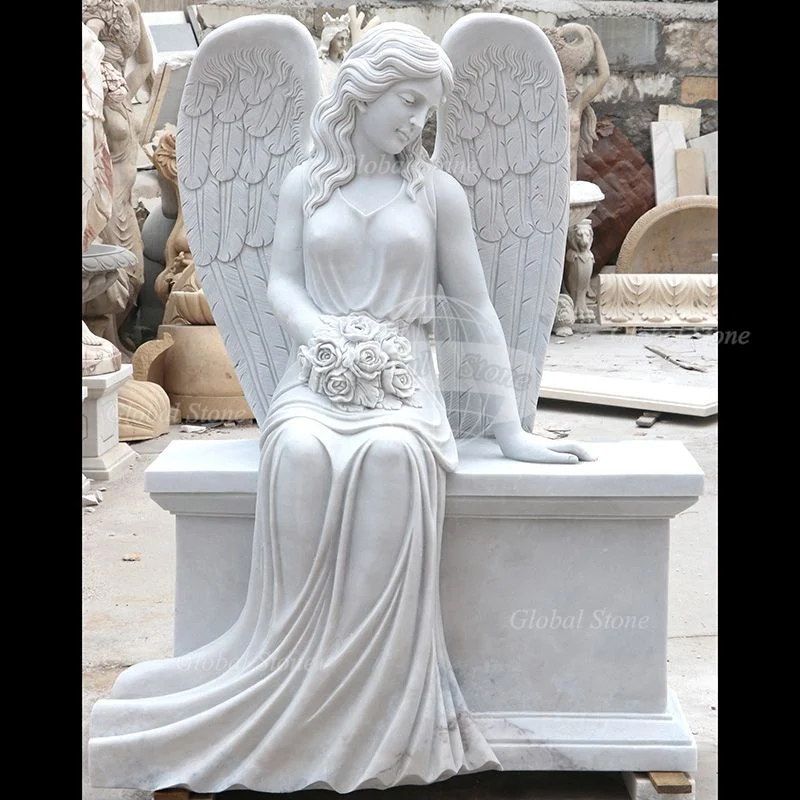 White Marble Headstone Monument with Angel Engraving (GSME-110)