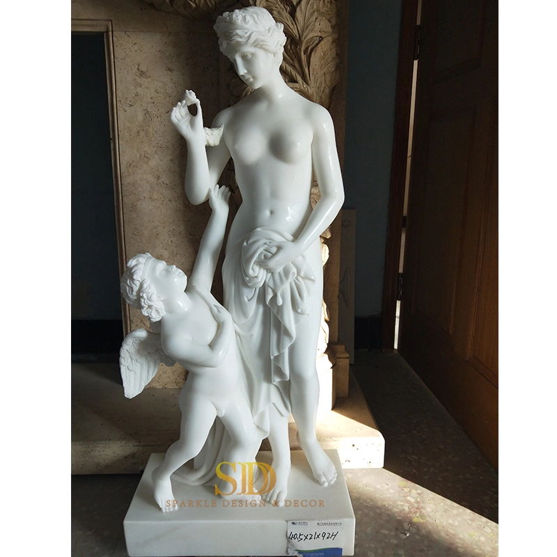 Pure White Exquisite Hand Carved White Marble Nude Lady Statue and Angle Statue