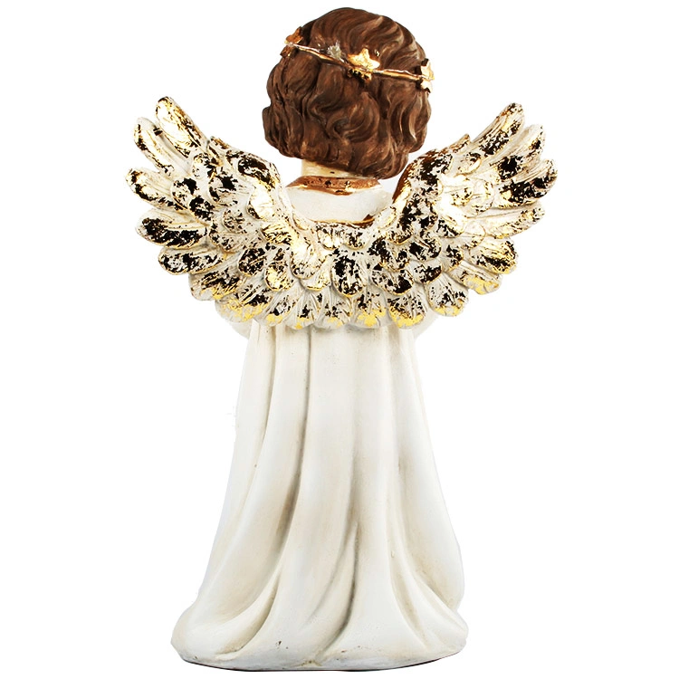 Home Indoor Decor Miniature Polyresin Resin Gold Wing Resin Cherub Angel Statues with LED Ring