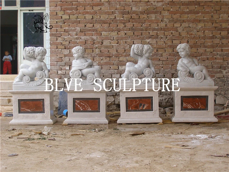 Manufacture Marble Four Seasons Little Boy Statues Stone Cherub Sculpture with Base Mfsg-64