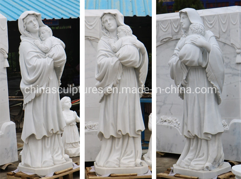 Carved Marble Vierge Marie Statues Holding Baby Jesus