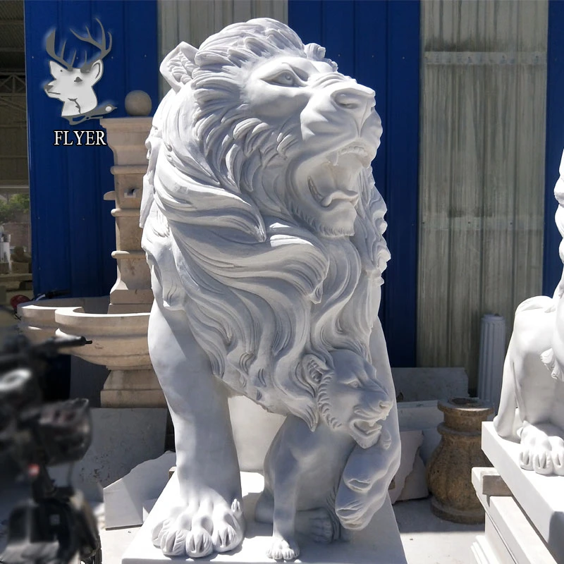 Outdoor Decoration Life Size Hand Carving Solid White Marble Lion Statues