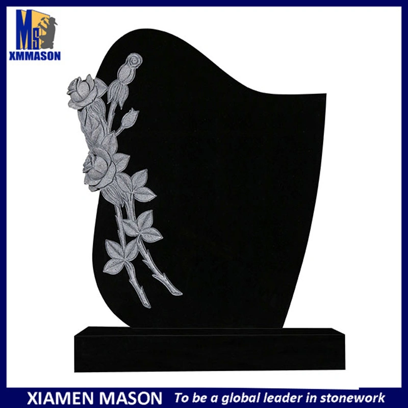 Customized South Africa Style Absolute Black Granite Grave Monument with Flower Sculpture