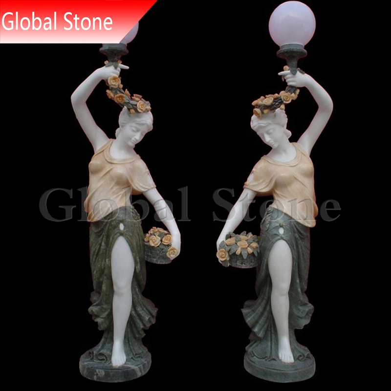 Stone Marble Carving Statue Lady Sculpture with Lamp