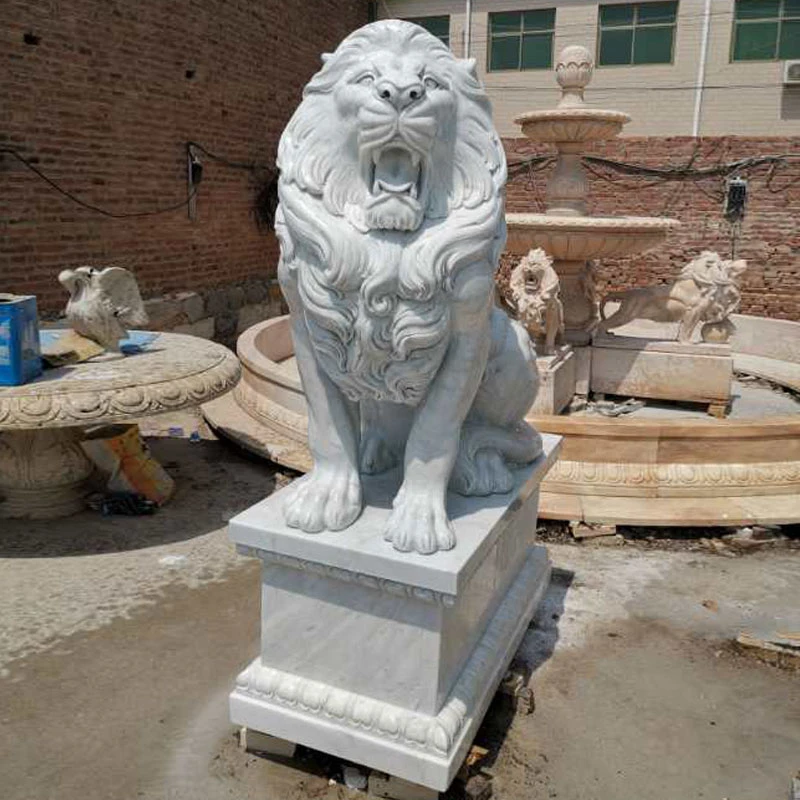 Outdoor Decoration Life Size Hand Carving Solid White Marble Lion Statues