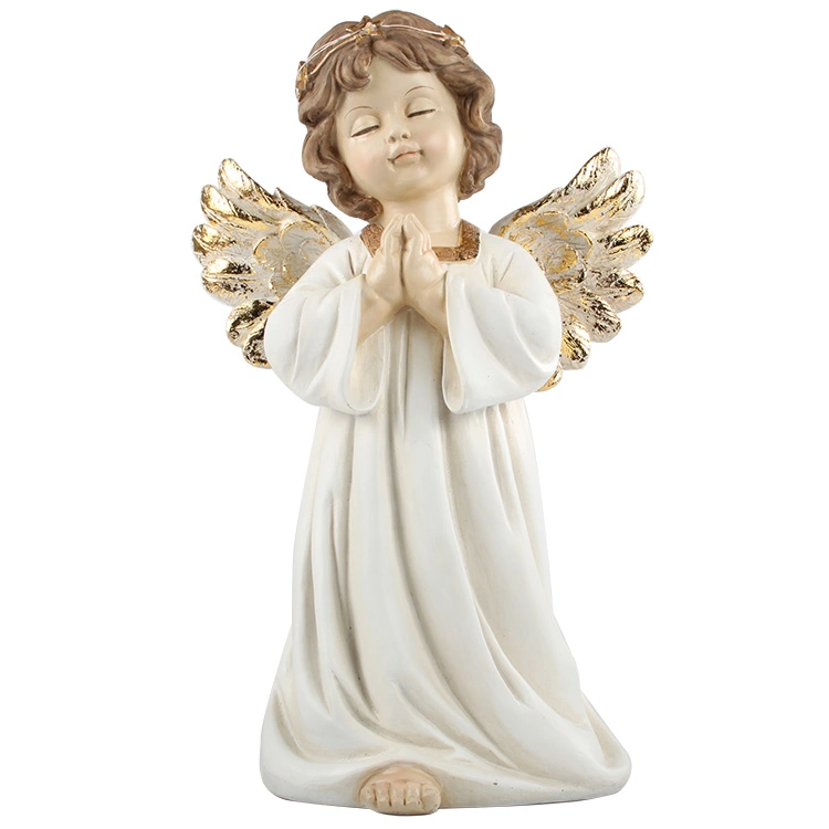 Home Indoor Decor Miniature Polyresin Resin Gold Wing Resin Cherub Angel Statues with LED Ring