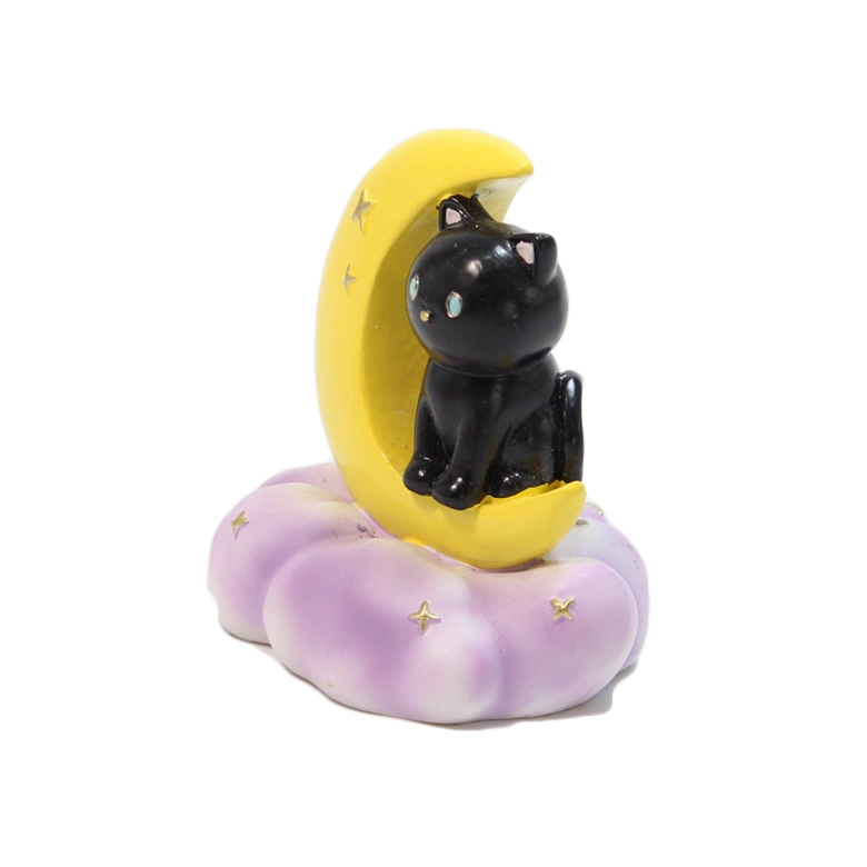 Lovely Polyresin Statue of Black Cat Figurine Sitting on The Moon for Home Decoration