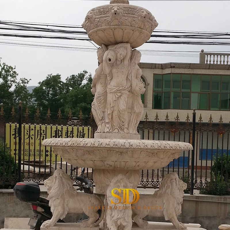 Outdoor Garden Use Hand Carved Large Beige Travertine Garden Fountain with Lion/Lady Statues