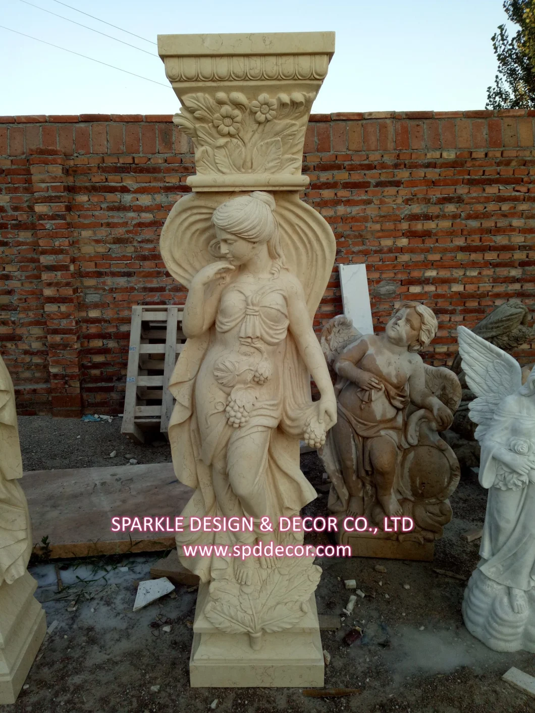 Hand Carved Beautiful Beige Marble Lady Statue Column