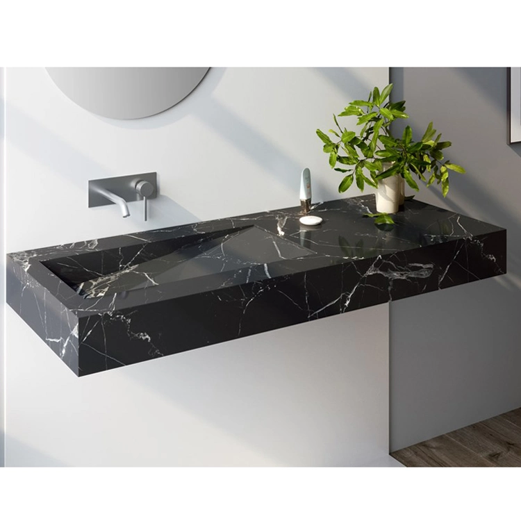 Chinese Marble Honed Surface Nero Marquina Marble Modern Design Bathroom Integrated Sink Black Marquina Marble