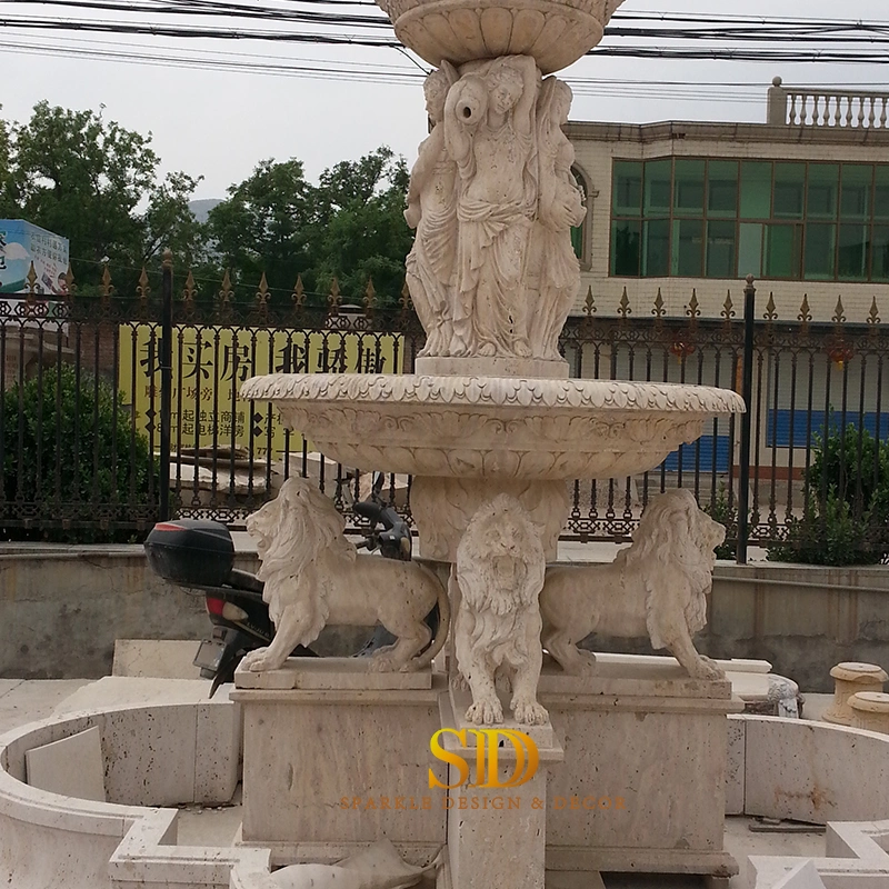 Outdoor Garden Use Hand Carved Large Beige Travertine Garden Fountain with Lion/Lady Statues