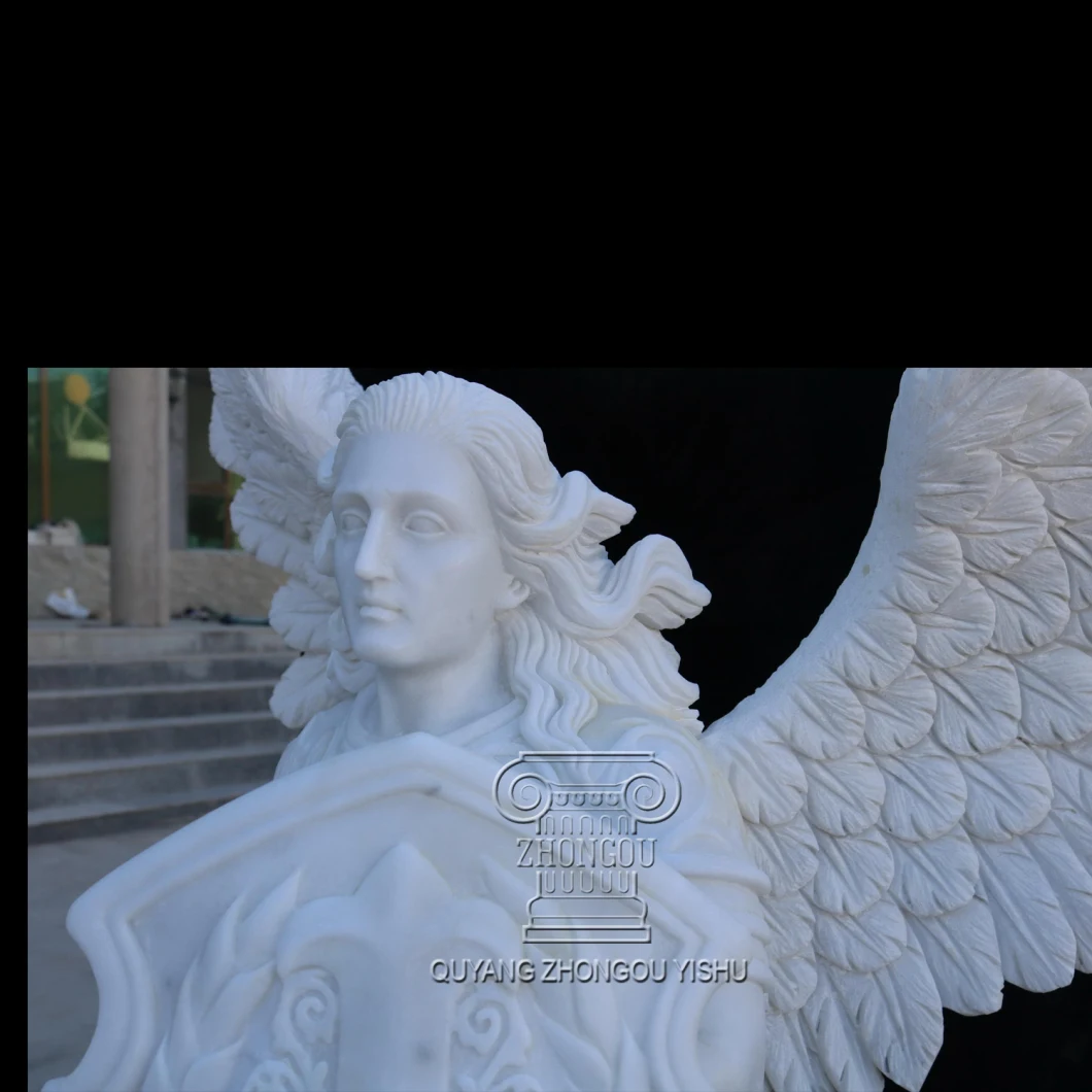 White Marble Angel Sculpture St. Michael Angel Statue with Sword and Shield