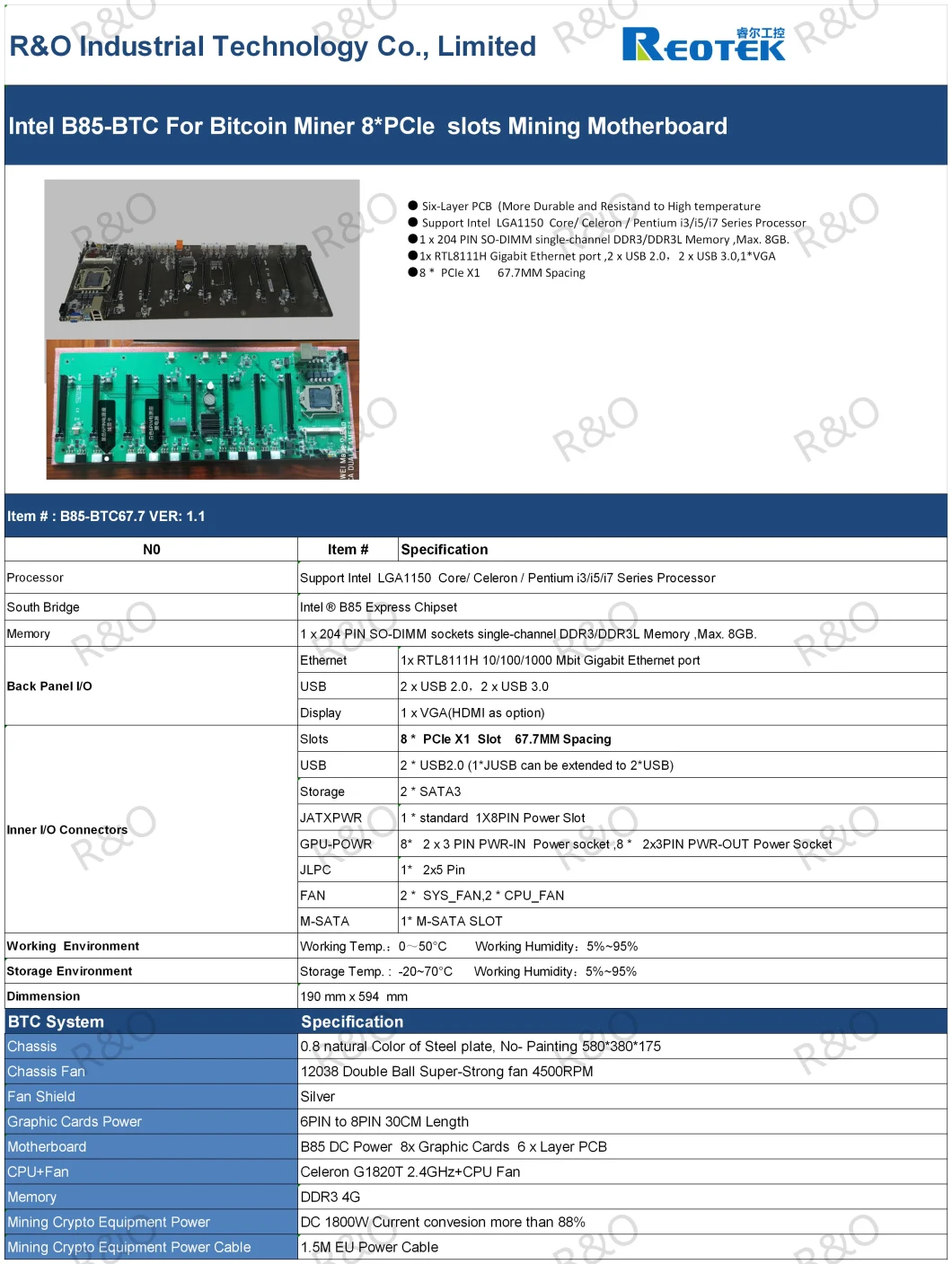 Intel B85-Btc for Bitcoin Miner 8*Pcie Slots Mining Motherboard Btc