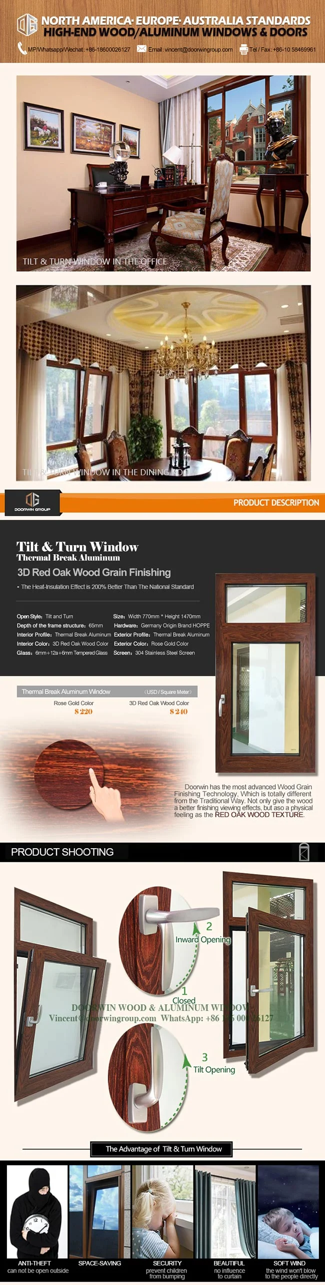 Thermal Break Aluminum Tilt & Turn Window Wood Grain/Fluorocarbon/Powder Coating Aluminum Surface Tilt Window