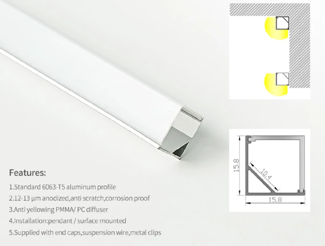 16*16mm Square 90 Degree LED Aluminum Profile Channel Corner LED Aluminum Profile