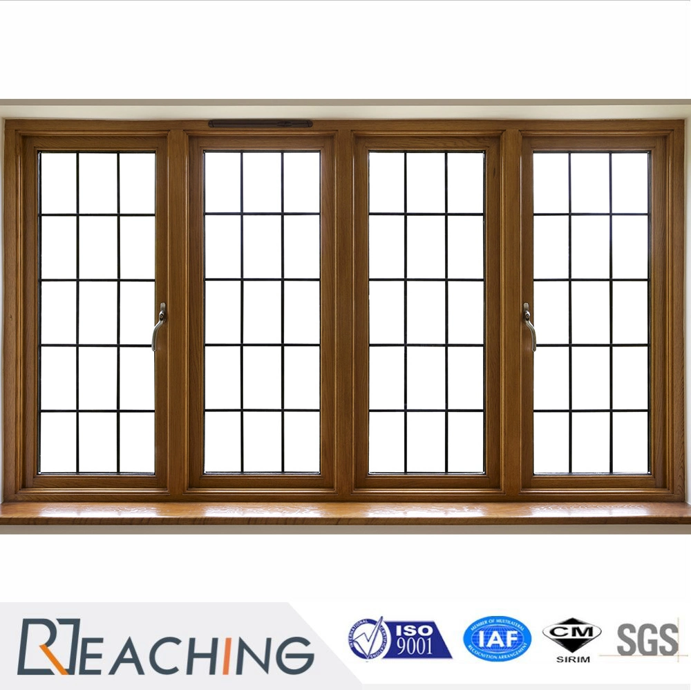 Aluminum Profile Wood Grain Color Double Tempered Glass Casement Window with Grills