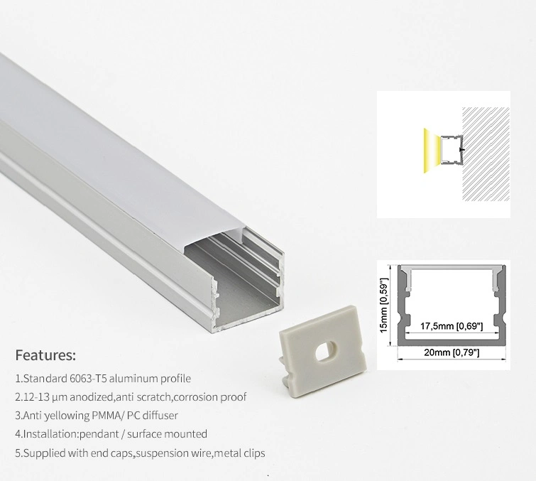 LED Strip Aluminum Channel 20*15mm Surface Mount LED Aluminum Profile