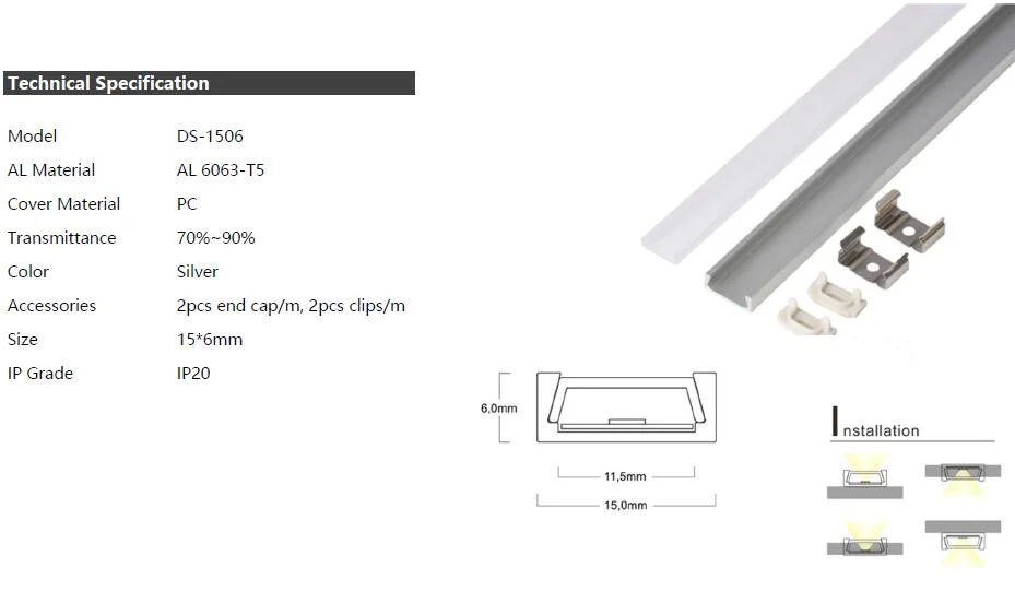 LED Strip Aluminum Channel Recessed Surface Mount Type 15*6mm LED Aluminum Profile
